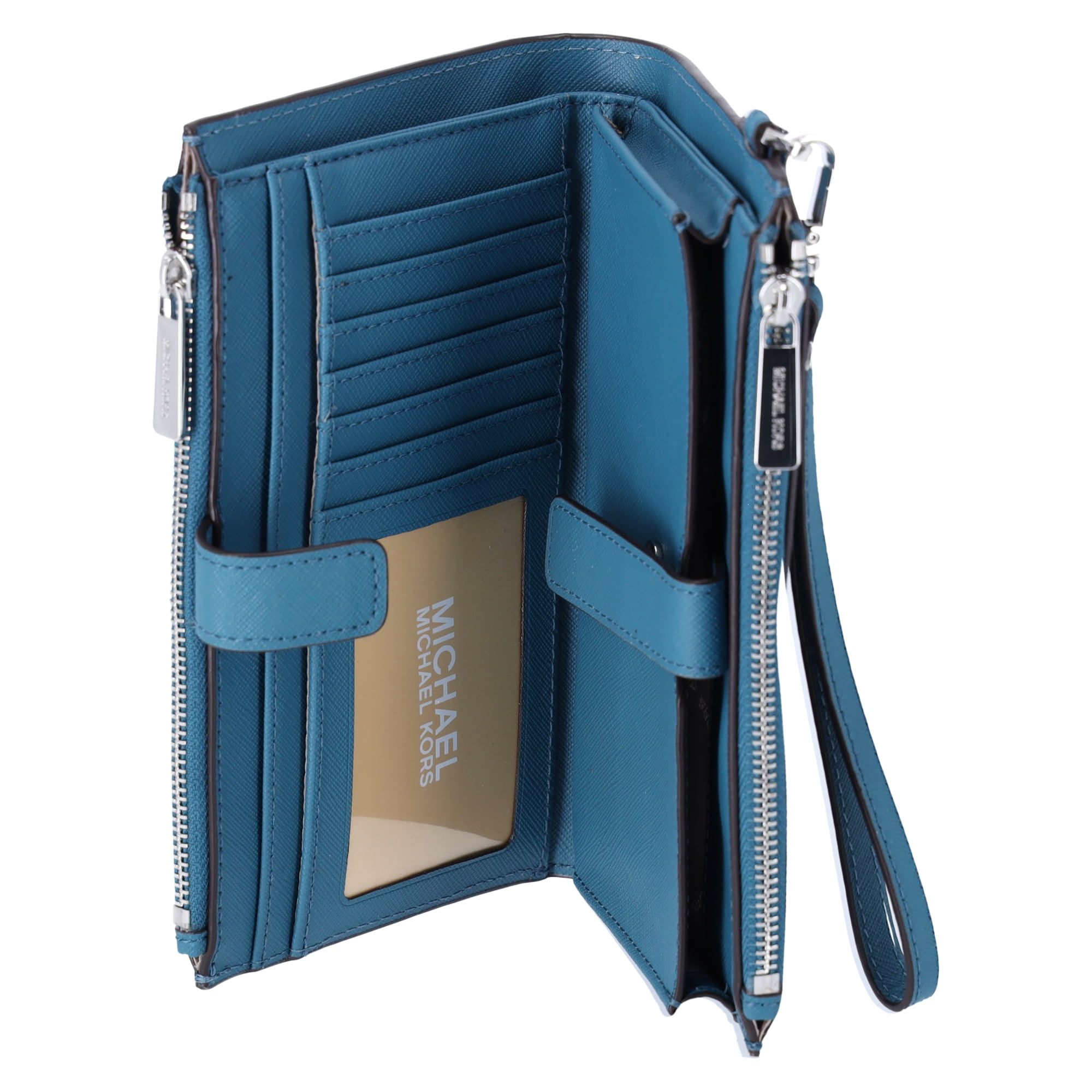 Michael Kors Jet Set Designer Travel Wristlet Large Double Zip Teal Blue Phone Wallet with Card Slots Walmart