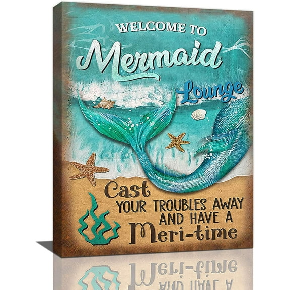 Mermaid Tail Wall Art Teal Beach Bathroom Pictures Mermaid Wall Decor Canvas Prints Painting Modern Home Framed Artwork Gifts For Girls Room Bathroom Bedroom 12"x16"