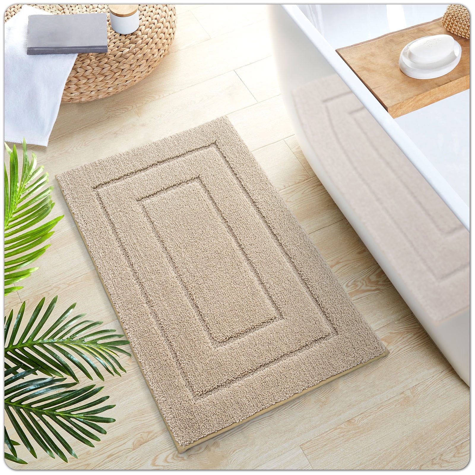 OEAKAY Bathroom Rug, Ultra Soft Absorbent Bath Rug for Bathroom, Premium Microfiber Shag Bath Mat, Non-Slip Bath Rug Machine Washable (16"x24", Beige)