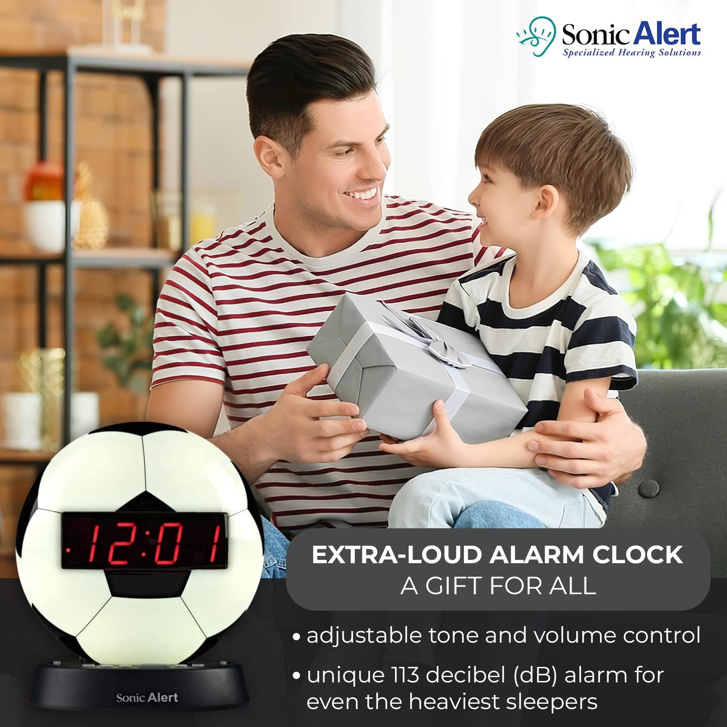 Sonic Alert Glow Night Light Soccer Ball Alarm Clock with Recordable  Alarm and Digital Display White  Black