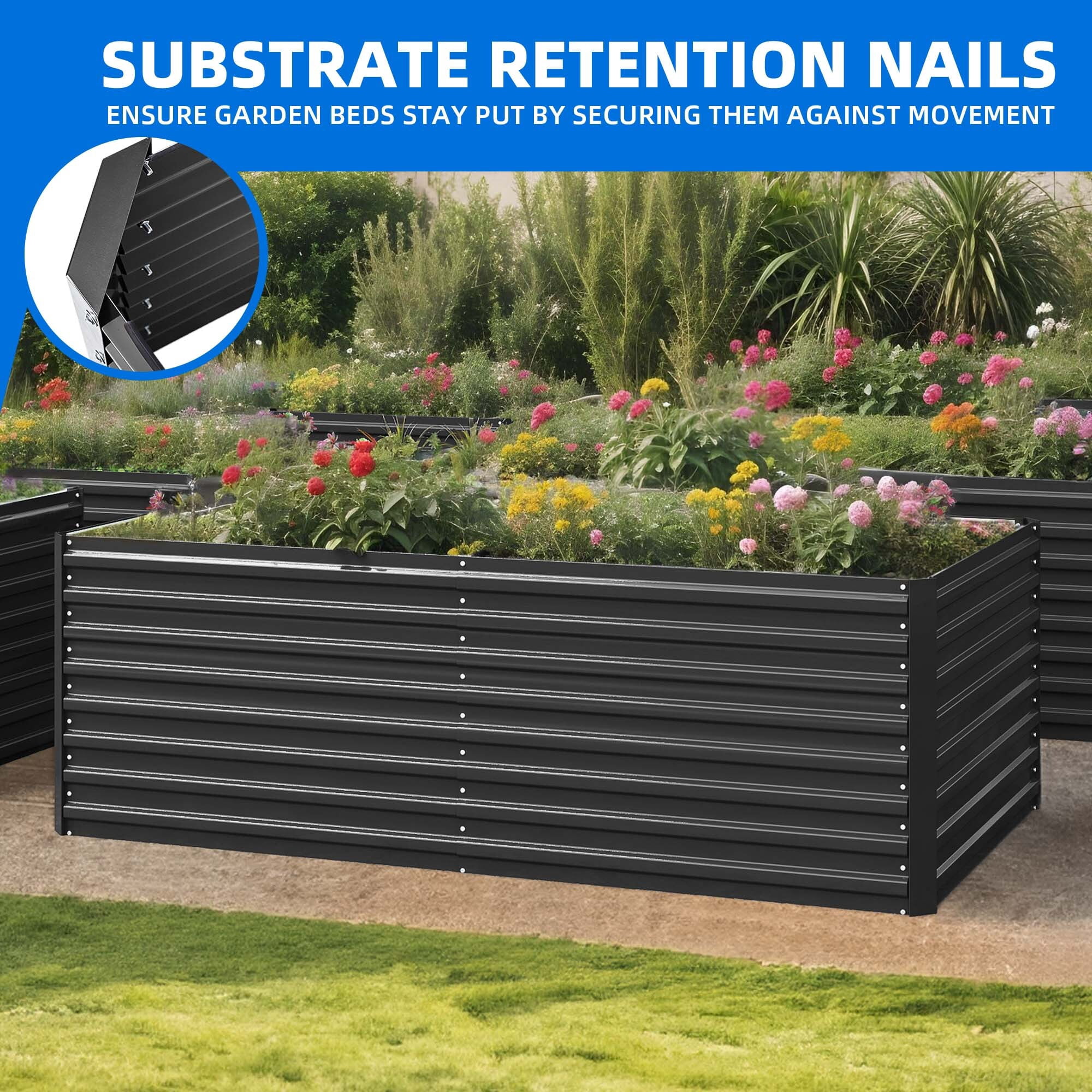 Uforic 6x3x2 ft Galvanized Raised Garden Bed Kit, Black Metal Planter Box with Gloves, Ground Nails & Support Rod, Outdoor Above Ground Planter for Vegetables, Flowers, Plants