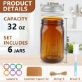 thumbnail image 3 of CARBLIN 6 Pack Mason Jars 32 oz, Amber Wide Mouth Canning With Airtight Lids, Glass Pint With Bands Labels Brush, Large Storage Quart for Jam Ferment, 3 of 7