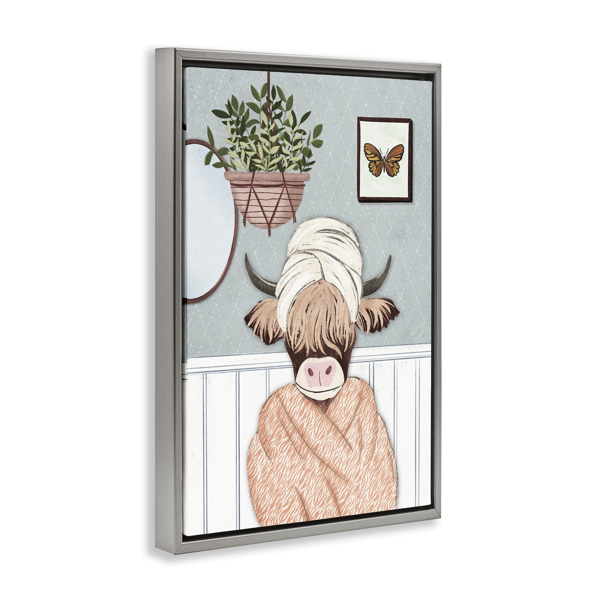 Stupell Industries Highland Cow Bathrobe Typography Painting Gray Floater Framed Canvas Art Print Wall Art, 17 x 25
