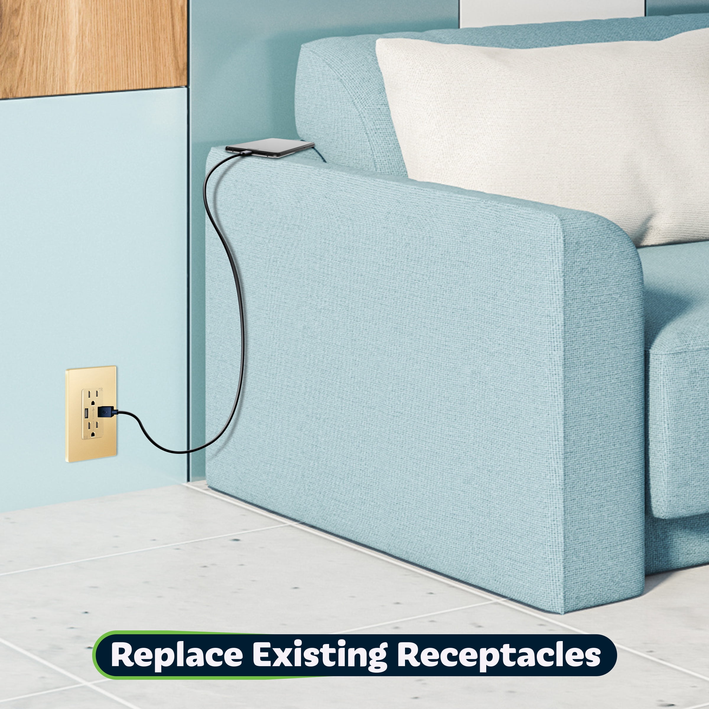 TOPGREENER High Speed USB Wall Outlet, 15A Tamper-Resistant Receptacles, Compatible with iPhone, Samsung Galaxy, LG, HTC & other Smartphones, UL Listed, TU2154A-GD, Gold