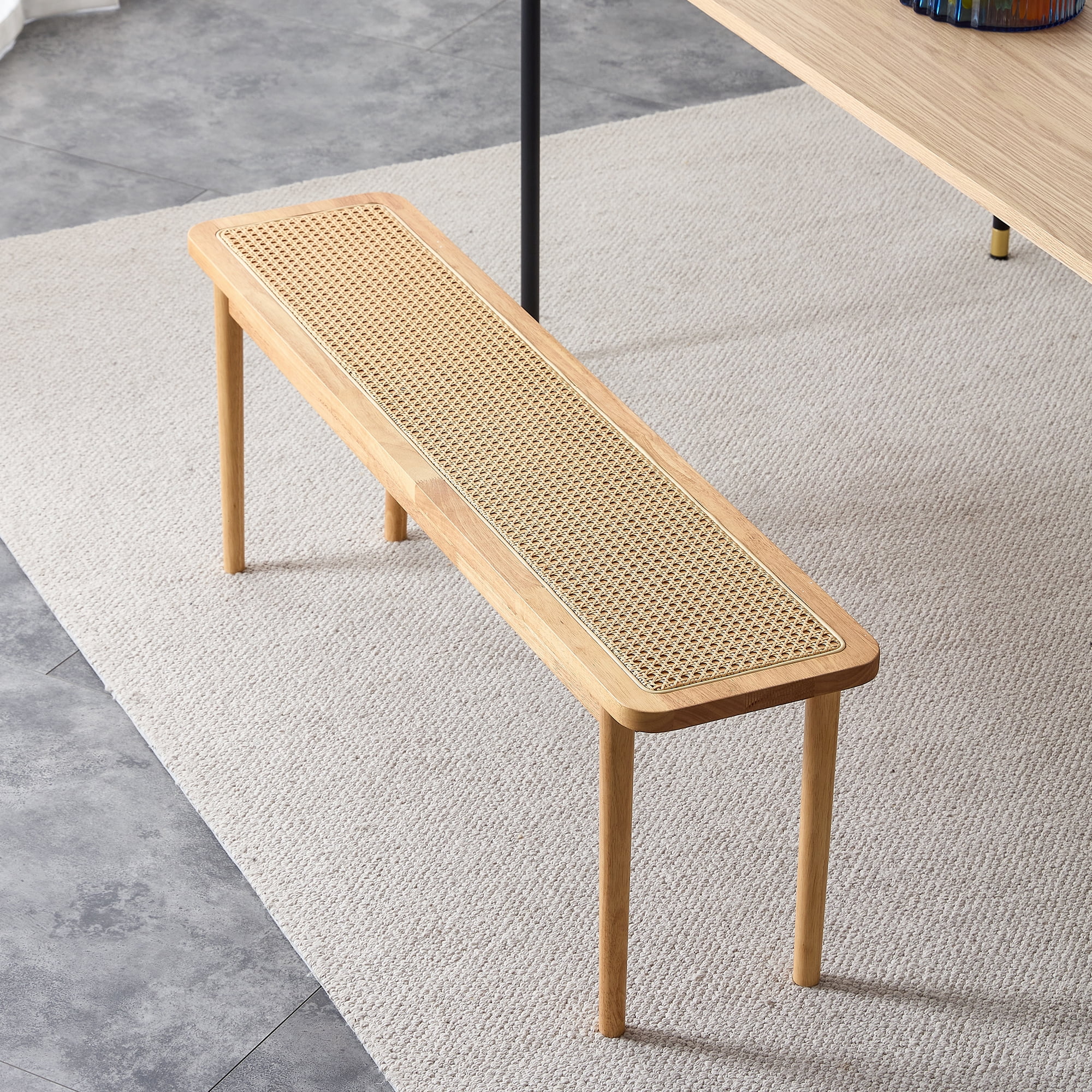 Kadyn Solid Wood Bench, Cane Weaving Shoe Stool for Dining Room, Mid Century Bench for Living Room, Natural Wood Wash Kadyn Solid Wood Bench, Cane Weaving Shoe Stool for Dining Room, Mid Century Bench for Living Room, Natural Wood Wash