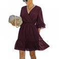thumbnail image 3 of Femmes Mini Robe Taille Élastique Volants Robe de Soirée Ample Fit Dot Print V Cou Manches Courtes Robe Fluide, 3 of 9