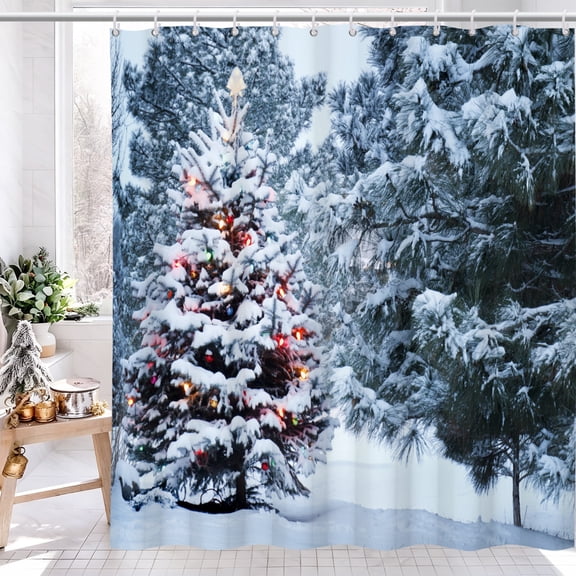 Winter Snow Christmas Shower Curtain for Bathroom Forest Pine Tree Snowflake Nature Scenery Holiday Bath Curtain with Hooks 72"W x 72"L