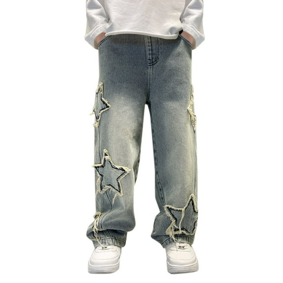 Otqutp Boy's Cute Star Baggy Denim Pants Elastic Waist Pull On Jeans Straight Wide Leg Pull On Jeans with Pockets for Teen