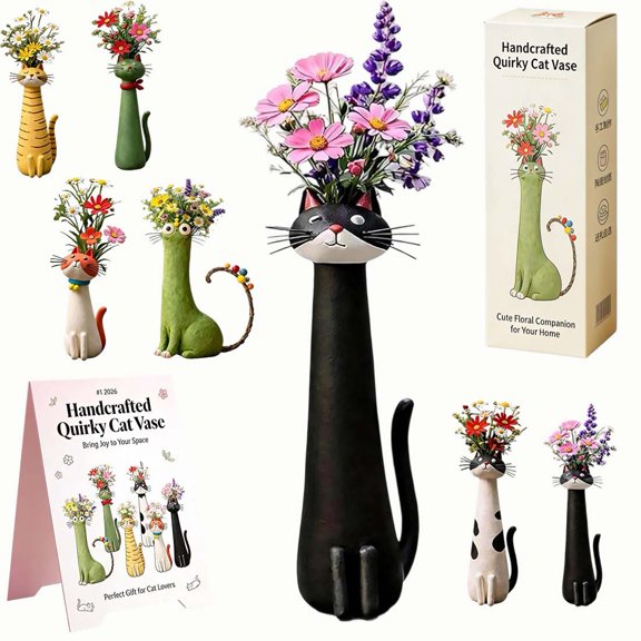 Handcrafted Quirky Cat Vase, Whimsical Animal Themed Shaped Ceramic Flower Ornaments, Cute Whisker Planter for Small Bouquets, Shelf Decor Decorative Cat Vase Unique Gift for Cats Lovers