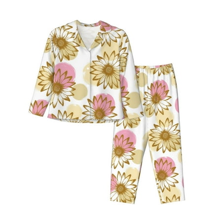 Pajamas for Women Set - Sunflowers Pink Comfy Long Sleeve Button Up Pajama Sets for Women 2 Piece  Soft Sleepwear Nightwear Pjs Lounge Sets for Women with Pockets