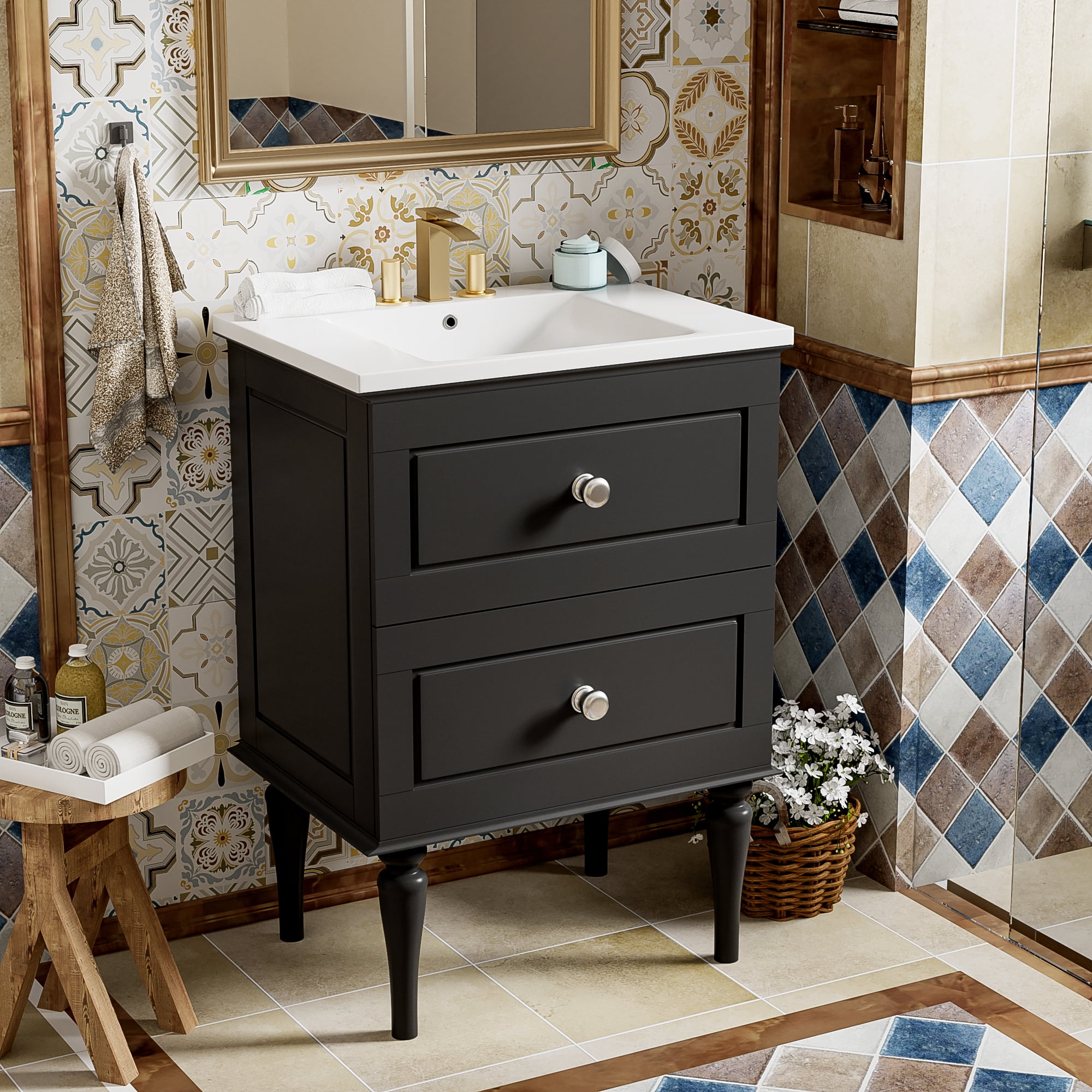 Euroco 24'' Bathroom Vanity Cabinet with Ceramic Sink Combo Set, Solid Wood Frame Modern Bathroom Storage Cabinet with 2 Drawers