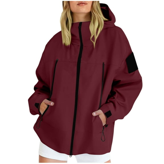 ZQUUVOU Women's Raincoats Lightweight Waterproof Windproof Jacket Adjustable Windbreaker Rain Jackets Hooded with Pockets Burgundy