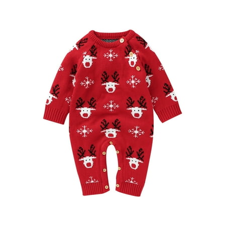 

Baby Girl Boy Christmas Jumpsuit Deer Snowflake Pattern Long Sleeve Romper