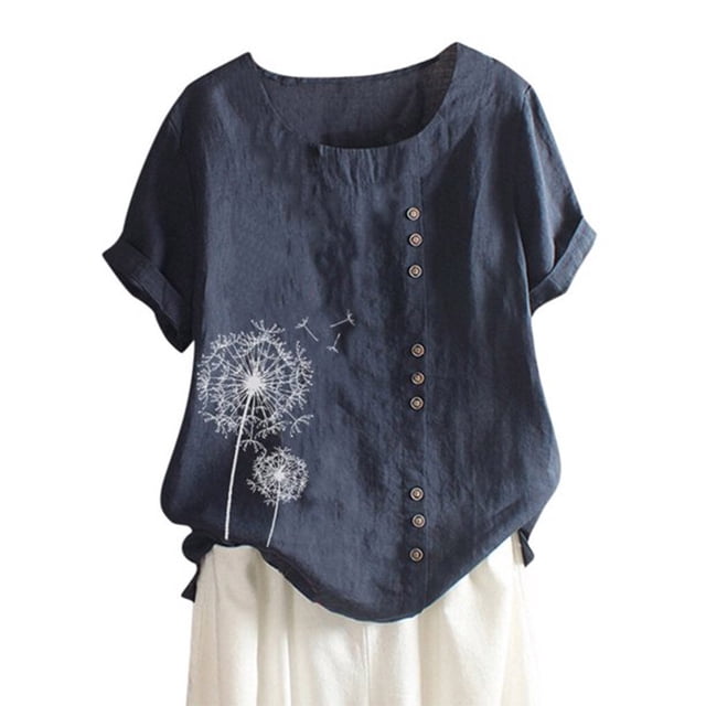 Qarigey Mujer Botones Estampado Manga Corta Cuello Camisa De Lino Prendas para la parte del cuerpo Azul oscuro 4XL