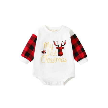 

Seyurigaoka Baby Girl Boy Christmas Jumpsuits Long Sleeve Round Neck Button Bodysuits Cartoon Letters / Elk / Car / Tree Print Loose Romper Tops