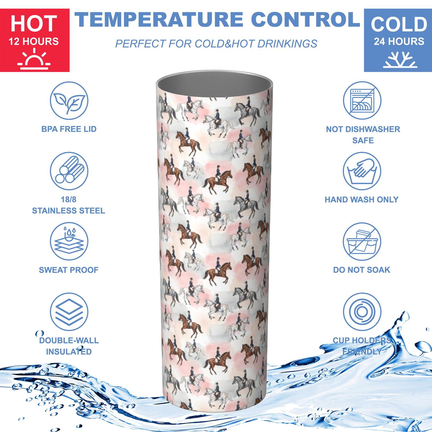 20oz Stainless Steel Skinny Tumbler, Double Wall Travel Mug with Lid and Straw,Horse Equestrian Pink Pattern