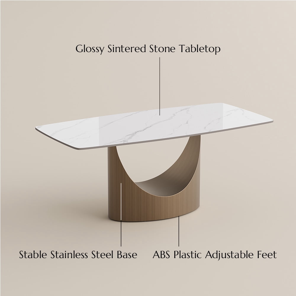 POVISON 79" Modern Dining Table for 6-8, Rectangular White Glossy Sintered Stone Dining Table with Bronze Carbon Steel Legs