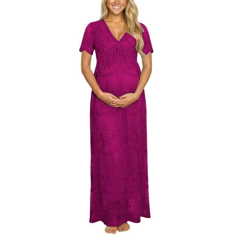 midi summer maternity dress Women's Maternity Short Sleeve Smocked Summer Dress V Neck Casual Midi Dress Baby Shower Photoshoot