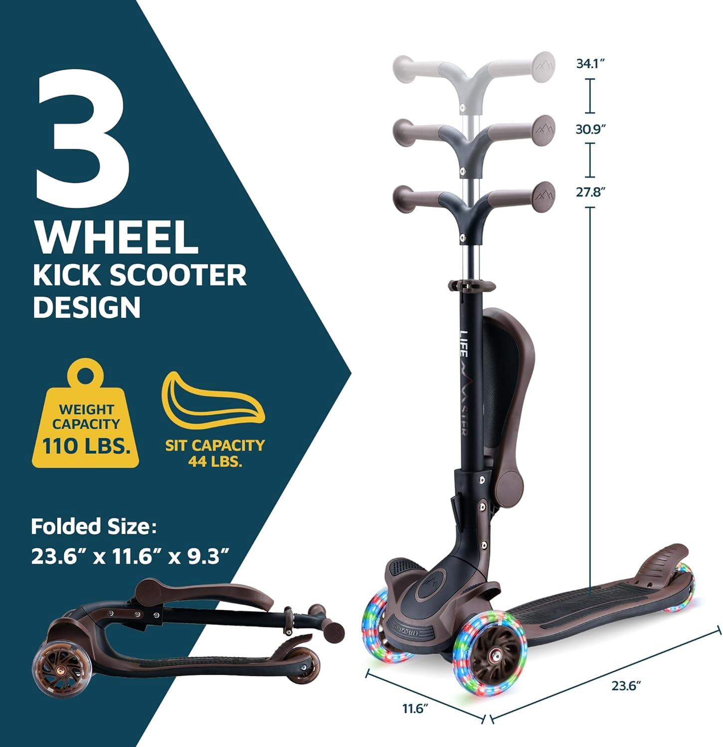 Lifemaster 3 Wheel Kids Scooter with Foldable Seat, Adjustable Handlebar, Lean-to-Steer LED Light-Up Wheels, Wide Anti-Slip Deck for Ages 2+