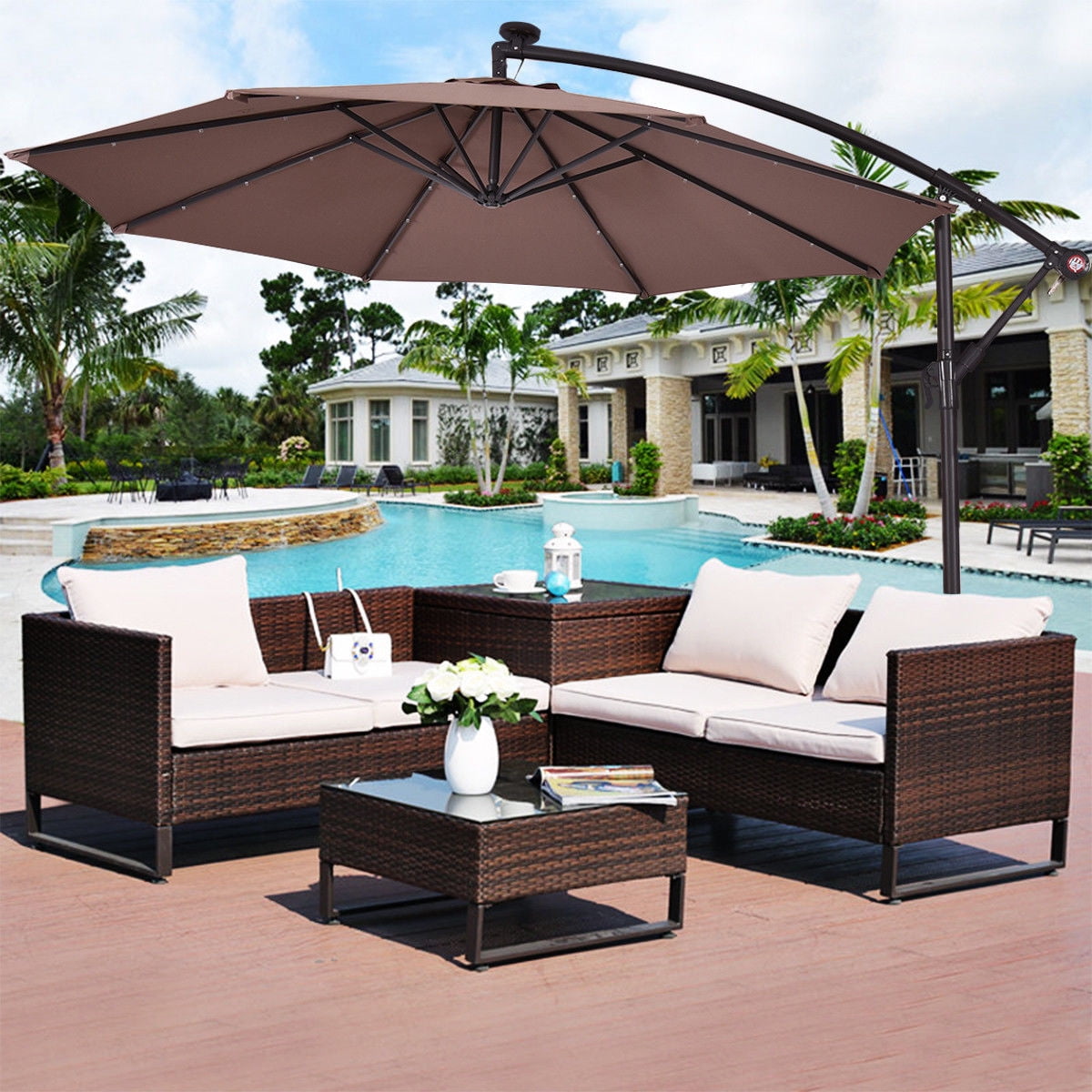 Costway 10' Hanging Solar LED Umbrella Patio Sun Shade Offset Market W Base Tan by Costway