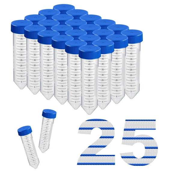 50 ml Centrifuge Tubes, 16000 RCF Conical Tubes with Blue Flat Cap, Sterile, 25 Pcs  Polypropylene Vials with Conical Bottom, Graduation Marks, Non-Pyrogenic, DNase/RNase-Free, Bulk Packaged