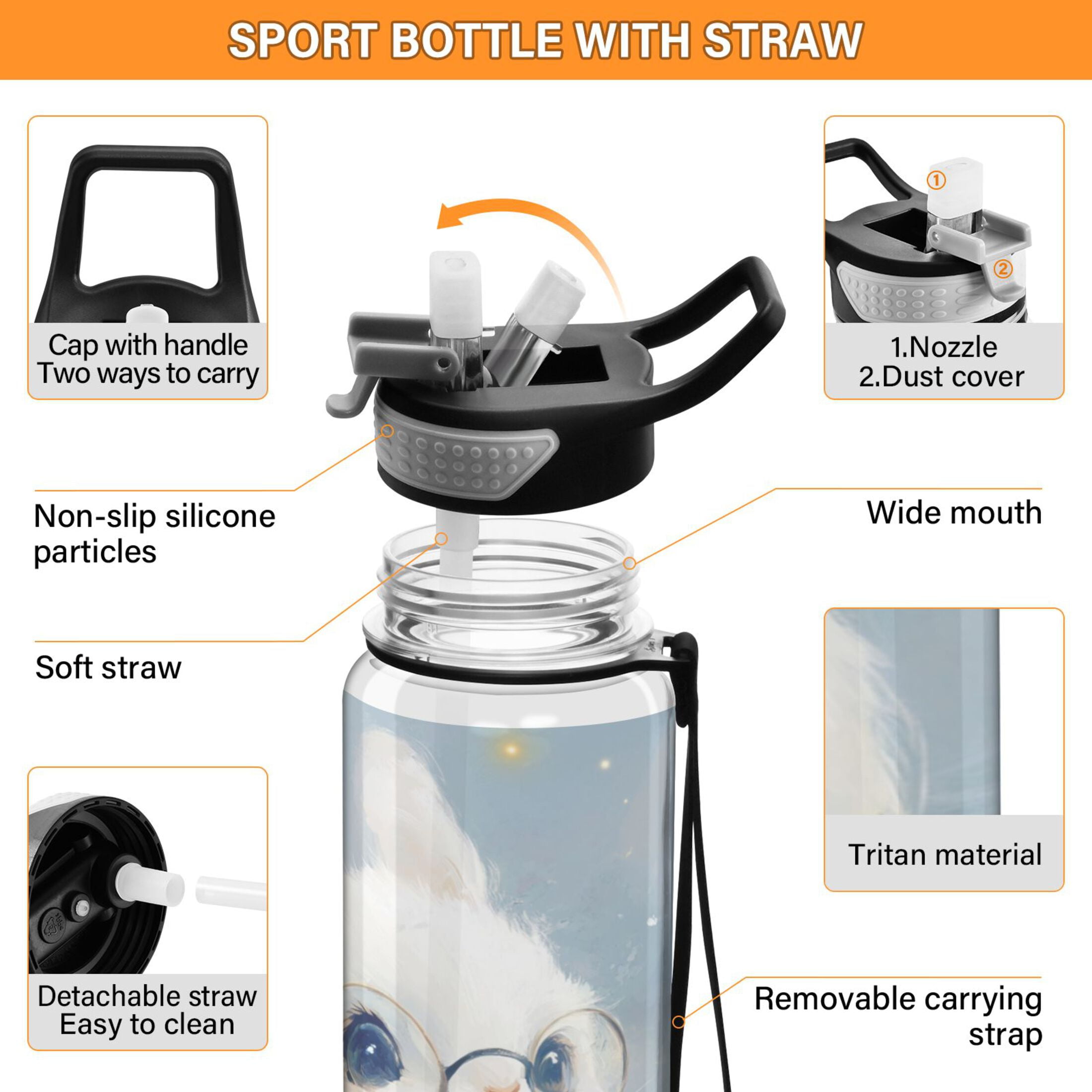 Sports Water Bottle 1000ML Tritan Food Grade Clear Water Bottle Fitness Outdoor Sports Bike Adorable Rabbit with Glasses