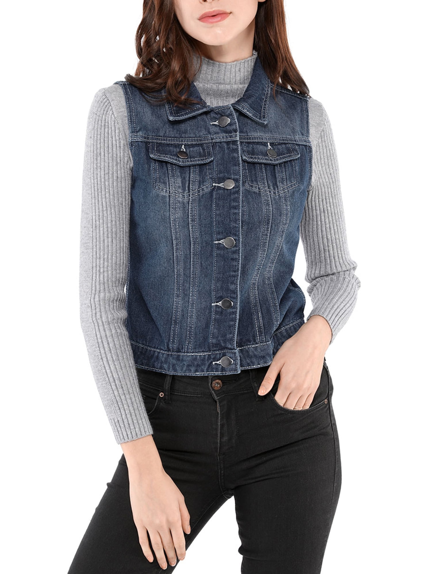 DARING DIVA Women's Denim Sleeveless Flap Pockets Vest Jacket S Blue