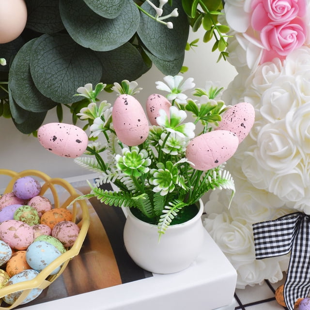 Simulated Spotted Egg Mini Potted Plant, Easter Decorative Centerpiece With Artificial Foliage, for Tabletop Display, Pink