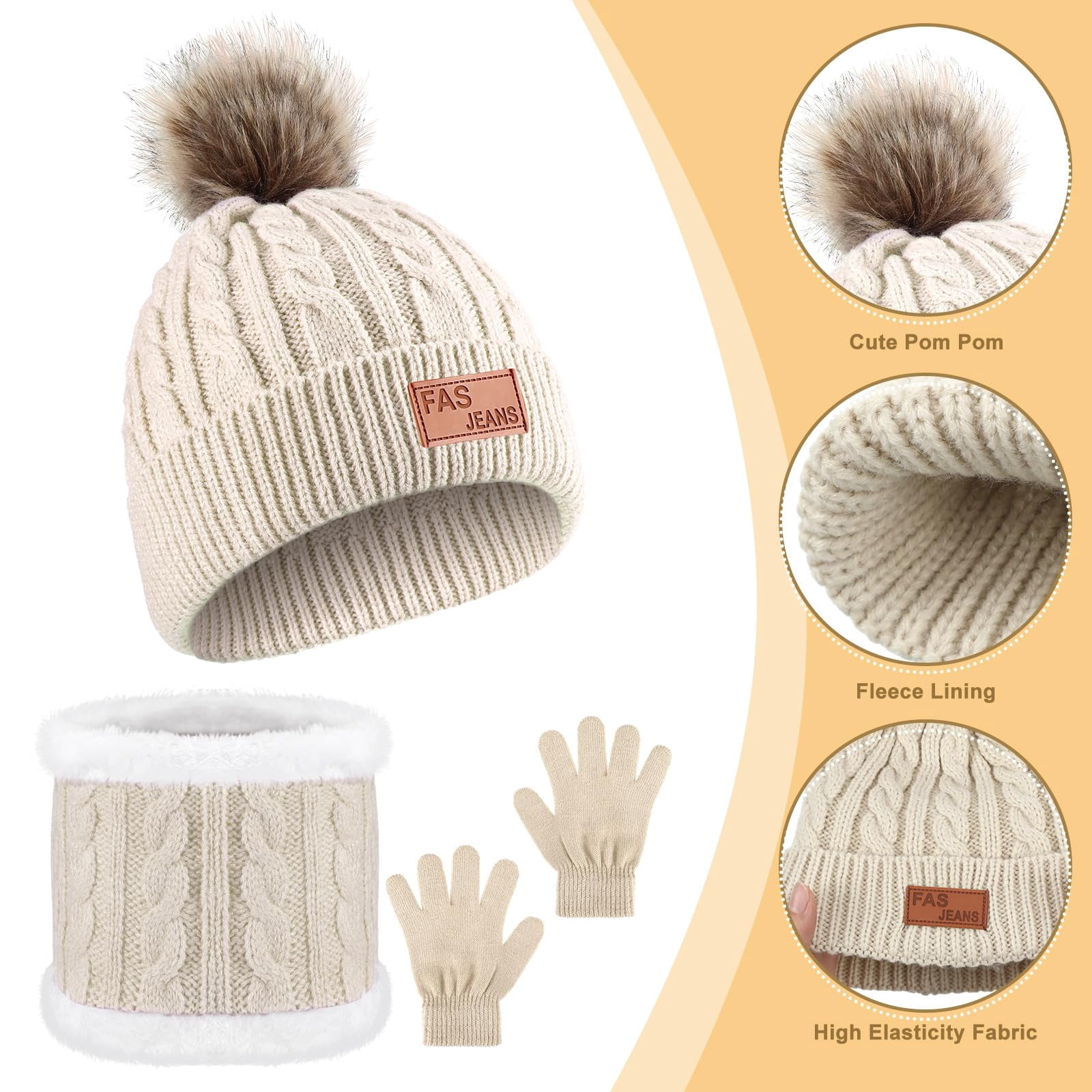 DIY.  STORE 2 Packs Winter Beanie Hat Scarf Gloves Set for Kids, Toddlers Knitting Cap Neck Warmer Gloves Set for Aged 2-8 Year（Beige, Blue）