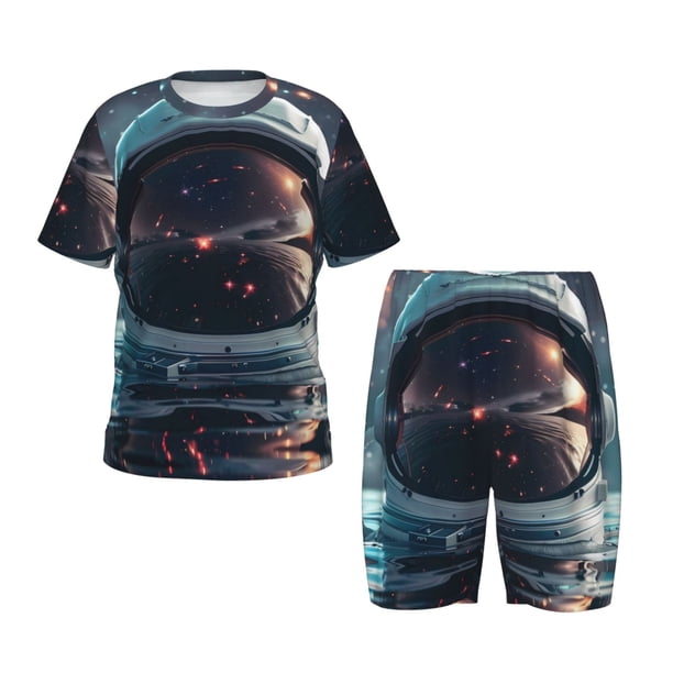 Balery Astronaut Helmet Reflections Conjunto de Pijama Infantil de Manga Corta con Estampado – Ropa de Dormir de Algodón Suave-Medium