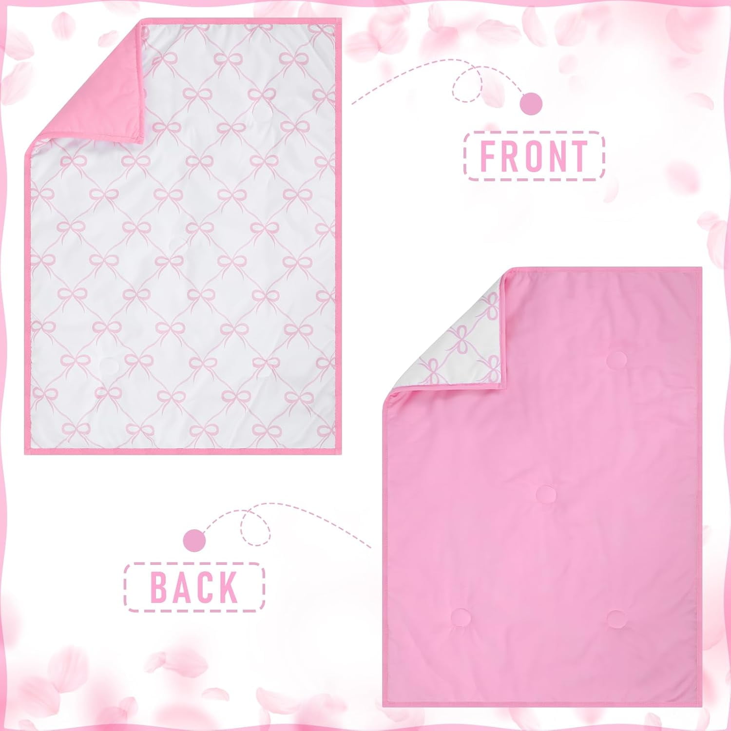 5 Pcs Pink Bow Crib Bedding Set Include Print Crib Sheets Bed Skirt Comforter Pad Cover Wall Stickers for Girls Princess Nursery Room Decoration