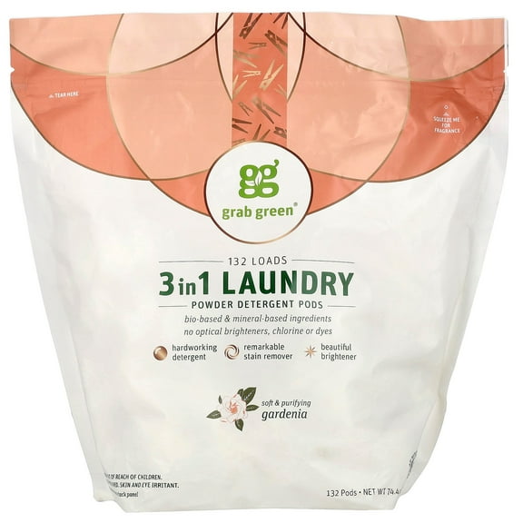 Grab Green 3 in 1 Laundry Powder Detergent Pods, Gardenia, 132 Loads, 74.4 oz (2.1 kg)