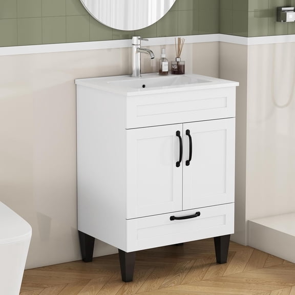 Villachico 24″ Mid-century Modern Bathroom Vanity Cabinet with Sink Combo, 1 Drawer and 2 Doors with Soft-close Hinges and Runners,White
