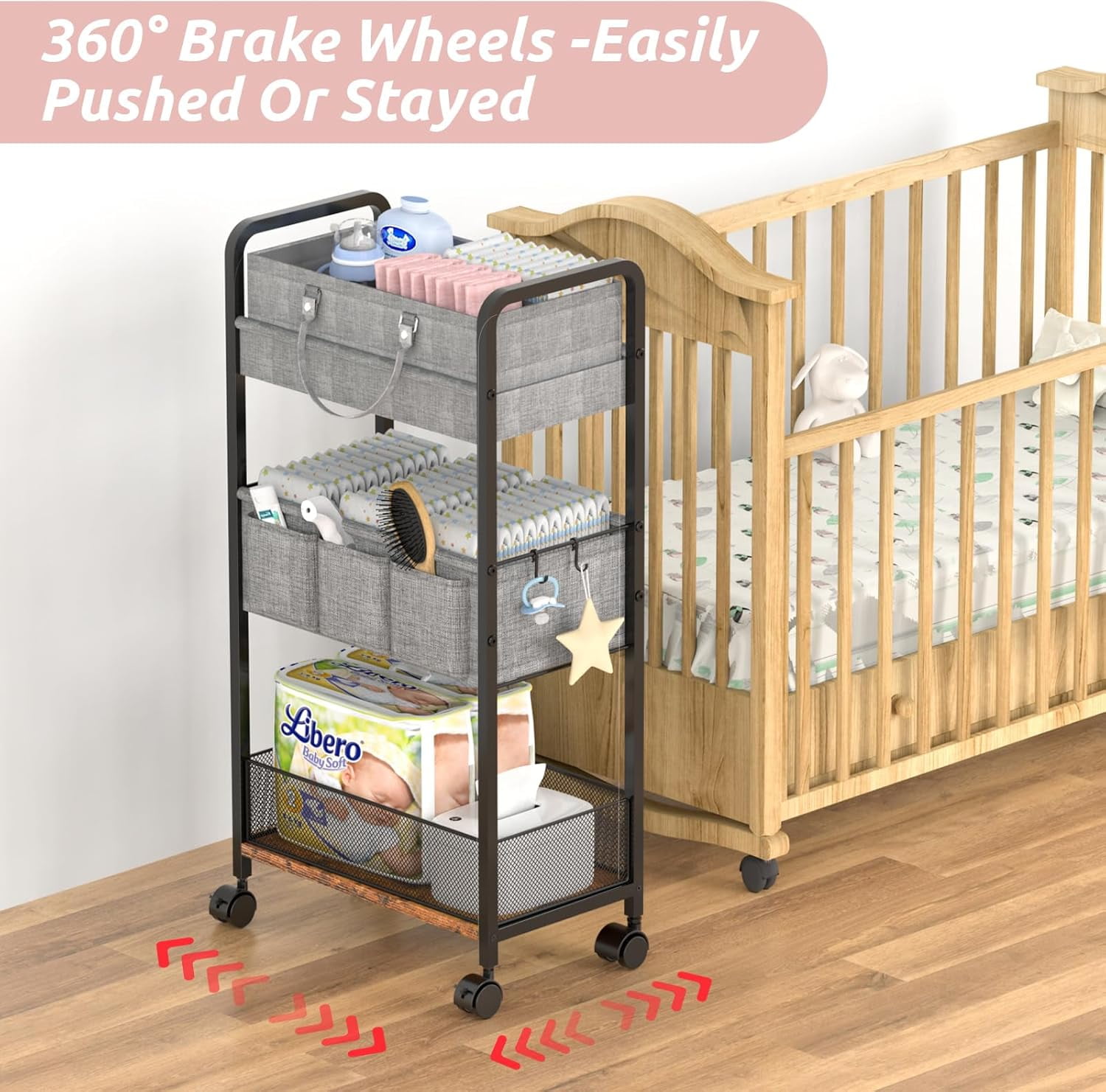 2In1 Baby Diaper Caddy & 3-Tier Rolling Diaper Cart, Diaper Caddy Organizer Cart with Dividers, Mobile Metal Utility Cart for Nursery Essentials, Detachable Bedside Cart, Large Capacity