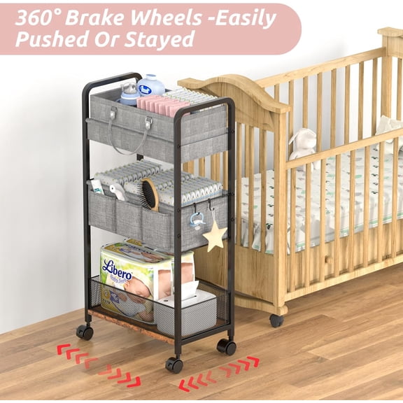2In1  Diaper Caddy & 3-Tier Rolling Cart with Dividers, Mobile Metal Utility Organizer for Nursery Essentials