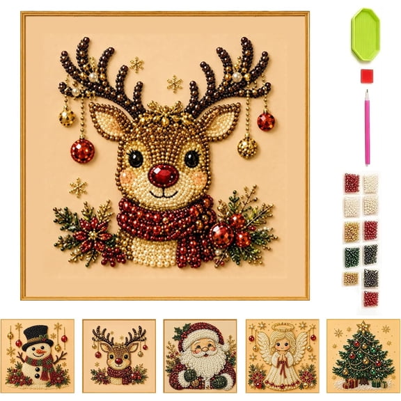 Christmas Pearl Art Kit with Frame, Diamond Dot Painting Craft for Adults, Holiday Gemstone Bead Wall Decor, Relaxing Stress Relief DIY Arts and Crafts