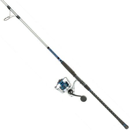 Quantum Strive Spinning Reel and Fishing Rod Combo 10-Foot 2-Piece Heavy Power Moderate-Fast Action Rod Graphite Composite Blank Size 8000 Reel 4+1 Bearings 4.7:1 Gear Ratio Silver/Blue