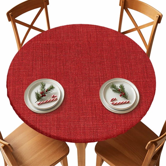 Christmas Round Tablecloth Christmas Red Linen Tablecloths with Elastic Edge Fitted Solid Color Table Cover,Waterproof Oil Proof for Dinner,Outdoor, Picnic, Party Fits 36"- 44" Diameter