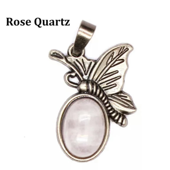 HOOUN 1pc Natural Crystal Chakra Butterfly Pendant Oval Bead Quartz Healing Reiki Gift-Rose Quartz-1PC (Random Pick)