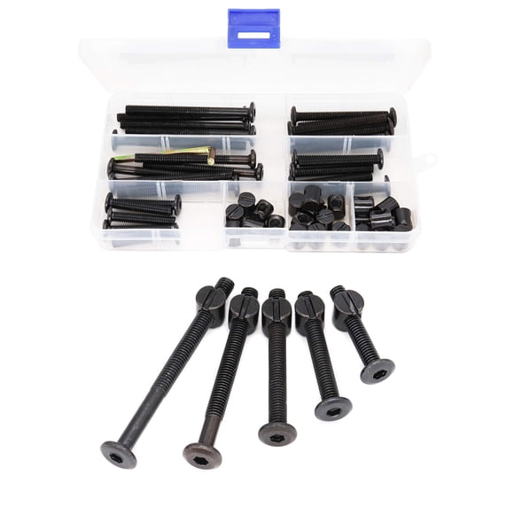cSeao M6 x 35 mm/45 mm/55 mm/65 mm/75 mm Kit de reemplazo de tornillos para cuna para cama de bebé, juego de 25 tornillos de casquillo negros, kit surtido de tuercas cilíndricas para sillas, cuna, mue