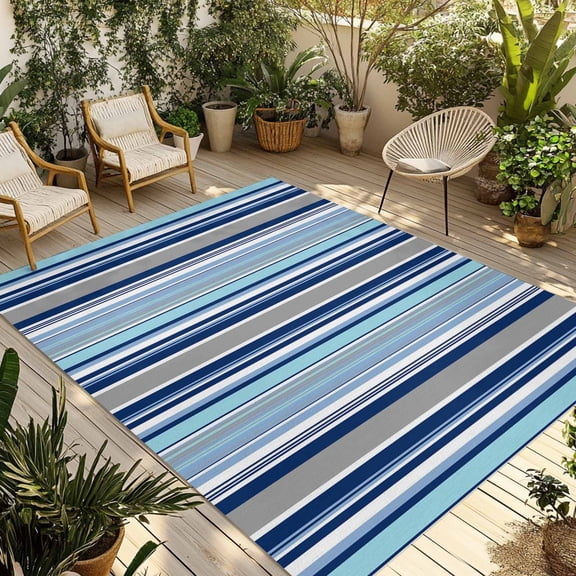 Blue Green Striped Outdoor Rug for Patio/Deck/Porch, Non-Slip Large Area Rug 5 x 7 Ft, Colorful Abstract Vertical Lines Art Indoor Outdoor Rugs Washable Area Rugs, Camping Rug Carpet Runner