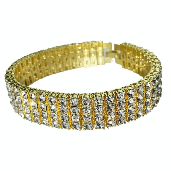 Men's 14K Gold Plated Bracelet 4 Row Iced Bling Four Rows Heavy Pharaoh 8" Inch