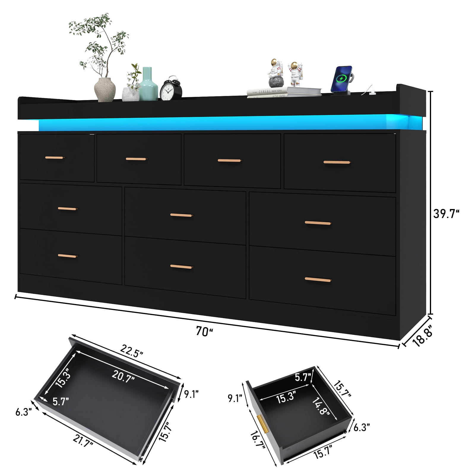 ChVans 10 Drawer Dresser with LED Lights and Charging Station, 70" Wide wood Chest of Drawers and Metal Handles, 39.8" Tall drawers dresser for bedroom, Living Room, Entryway, Hallway