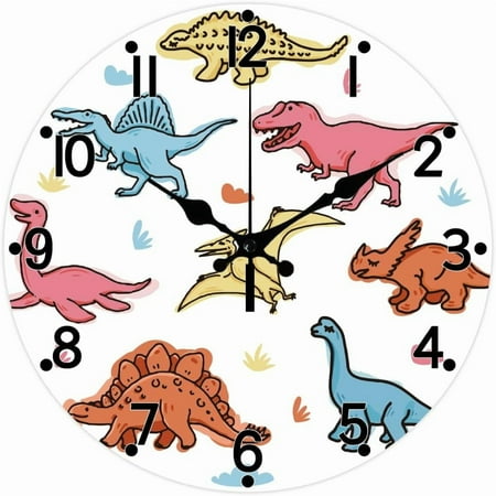 Dinosaurs Pattern Wall Clock 12 Inch Non-Ticking Clocks Tyrannosaurus Pterosaur Pattern Round Wall Hanging Clock Battery Operated for DIY Bedroom Living Room Kitchen Office