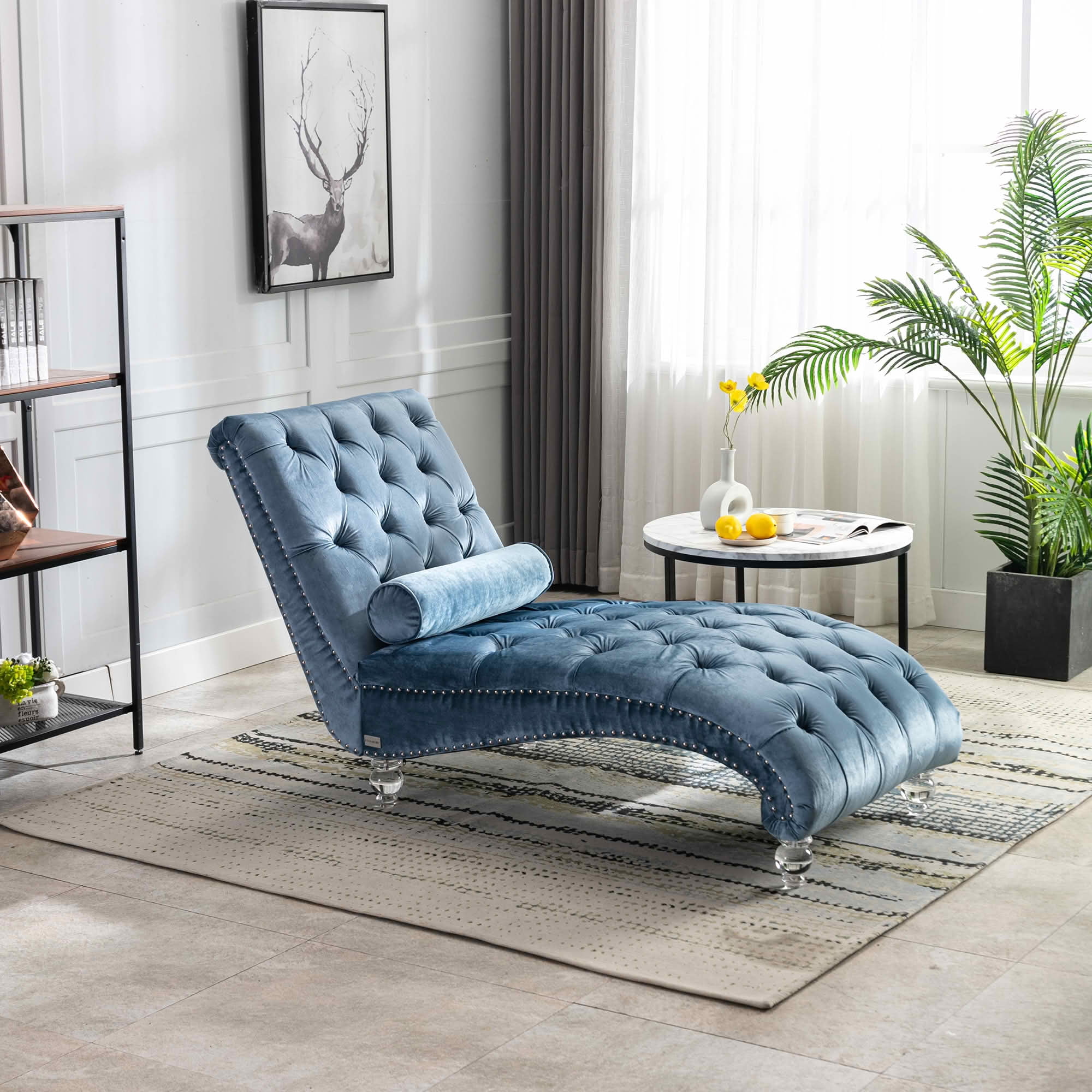 MAYEERTY Velvet Button Tufted Chaise Lounge with Pillow, Ergonomic S-Shape Indoor Lounge Chair with Wood Frame Acrylic Legs for Bedroom Living Room Office
