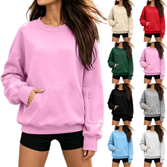 Jsaierl Womens Sweatshirts Cute Solid Color Round Neck Sweatshirt Cozy Athletic Pullover Comfort Work Long Sleeve Shirts with Zipper Pockets