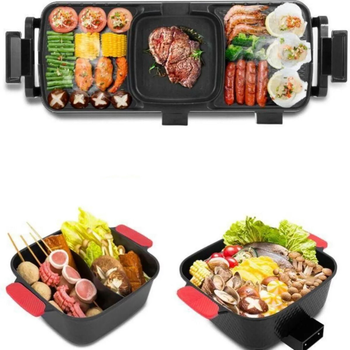 WSYW 2 in 1 Electric Grill Hot Pot Non-Stick Grill Pan Indoor Non-Stick Pan 1700W for 1-8 People