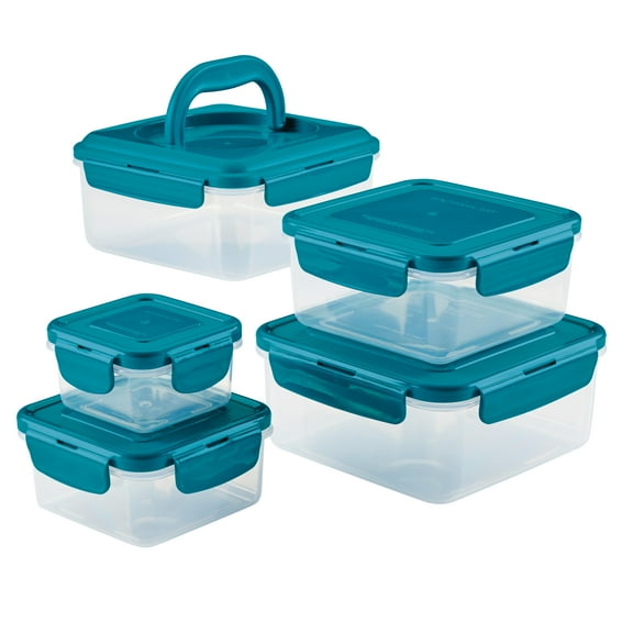 Rachael Ray Leak-Proof Nestable Square Food Storage Container Set, 10-Piece, Teal Lids