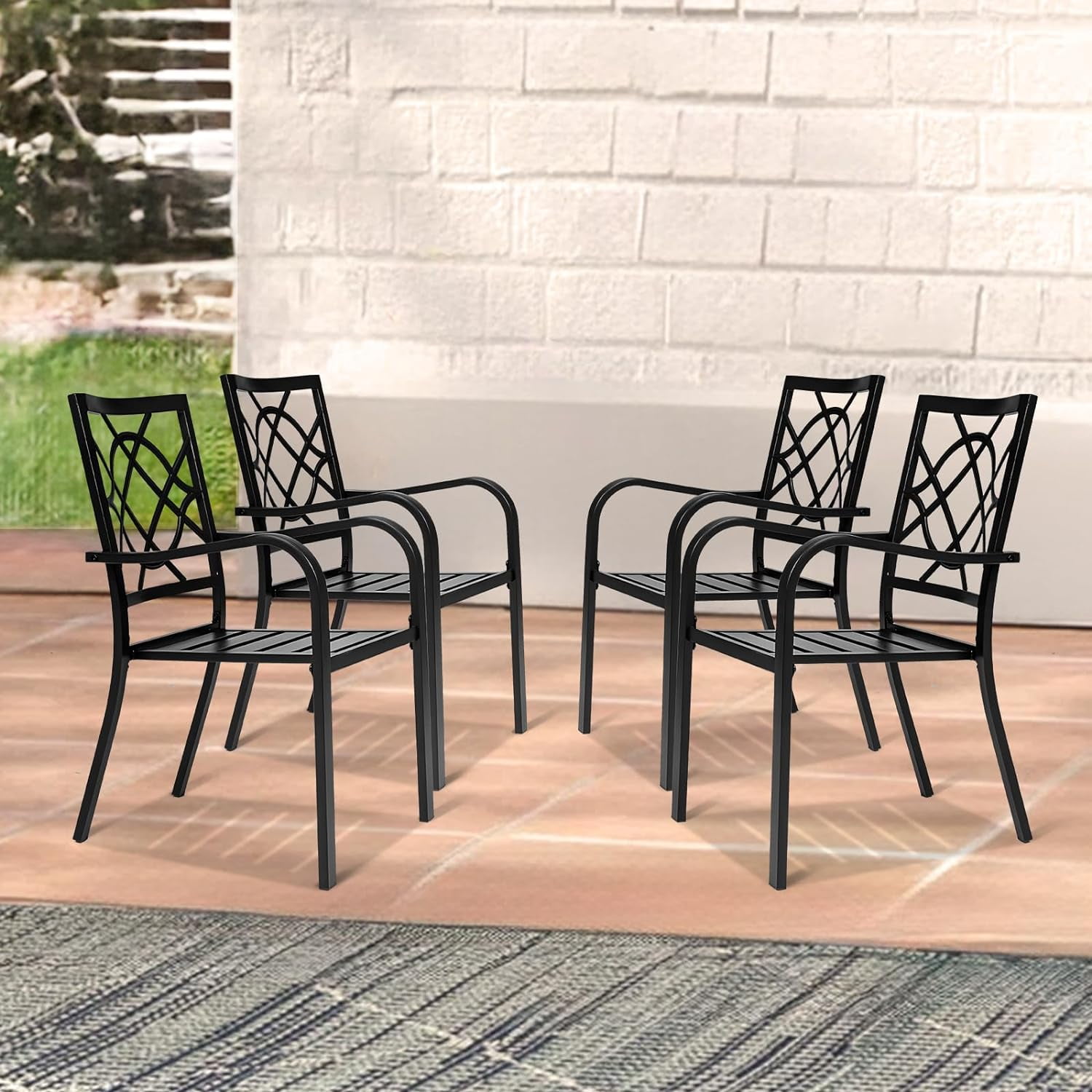 SUNCROWN 4 Pieces Wrought Iron Chairs Outdoor Dining Chairs Patio Metal Stack Chair for Backyard Garden