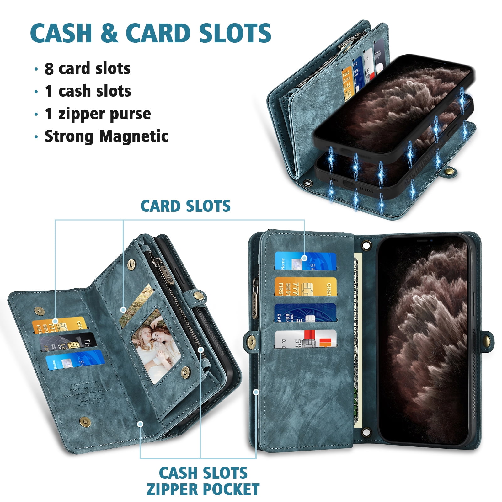 Asuwish Compatible with iPhone 13 Pro Max 2021 6.7 inch Phone Case Zipper Wallet Screen Protector Strap Flip Card Holder Cell Cover for iPhone13promax 5G i Phone13Max Plus iPhone13 ProMax Women Blue